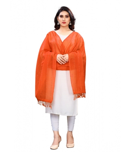 Women's Cotton Silk Strips Printed Dupatta (Orange, Length:2-2.4 mtr)