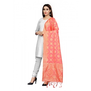 Generic Women's Banarasi Silk Floral Printed Dupatta (Peach, Length:2-2.4 mtr)