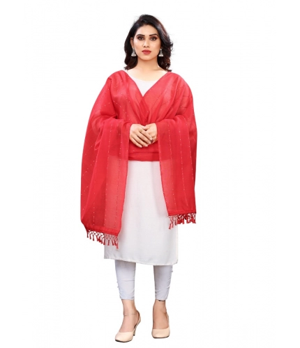 Women's Cotton Silk Strips Printed Dupatta (Red, Length:2-2.4 mtr)