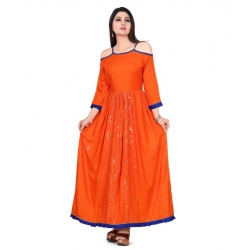 Women's Rayon Cotton Orange Embroidered Long Kurti