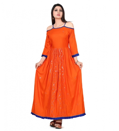 Women's Rayon Cotton Orange Embroidered Long Kurti