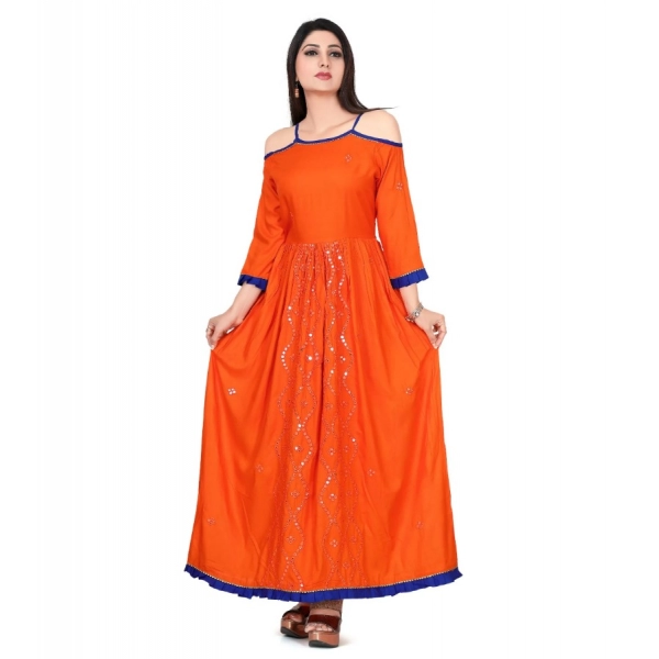 Dropship Women's Rayon Cotton Orange Embroidered Long Kurti
