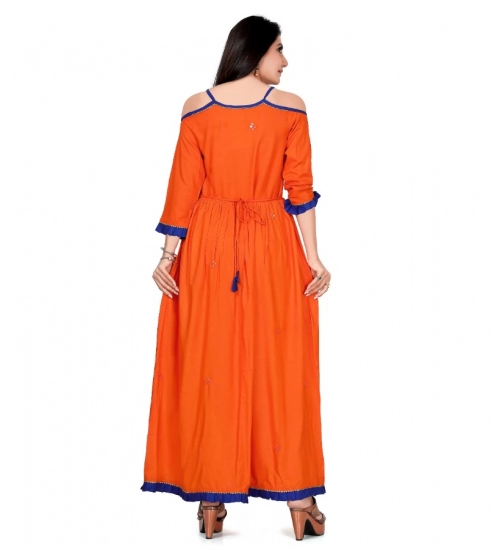 Women's Rayon Cotton Orange Embroidered Long Kurti