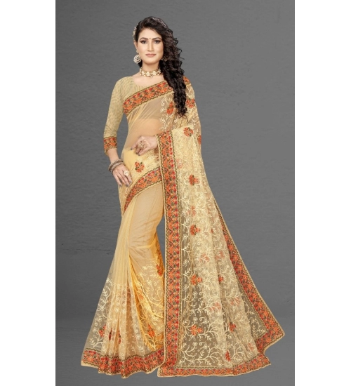 Women's Net Saree With Blouse (Chiku, 5-6Mtrs)