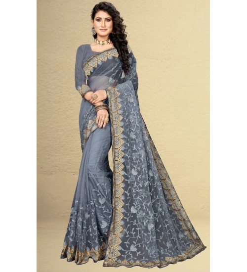 Women's Net Saree With Blouse (Grey, 5-6Mtrs)