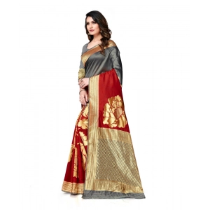 Generic Women's Banarasi Silk Saree With Blouse (Grey, Red, 5-6Mtrs)