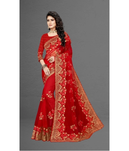 Women's Net Saree With Blouse (Red, 5-6Mtrs) Women's Net Saree With Blouse (Red, 5-6Mtrs)