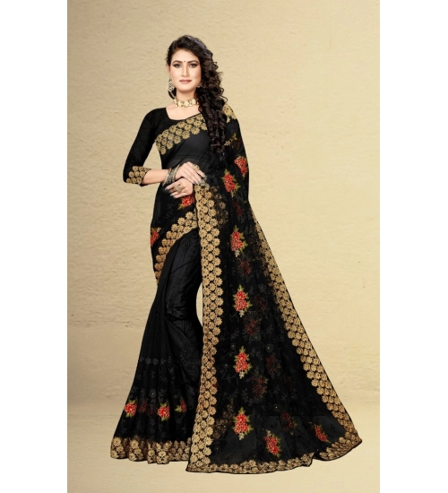 Women's Net Saree With Blouse (Black, 5-6Mtrs)