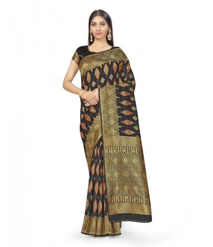 Women's Banarasi Silk Saree With Blouse (Black, 5-6Mtrs)
