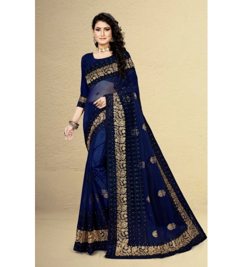 Women's Net Saree With Blouse (Navy Blue, 5-6Mtrs)