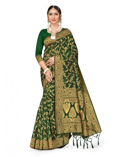 Women's Banarasi Silk Saree With Blouse (Green, 5-6Mtrs)