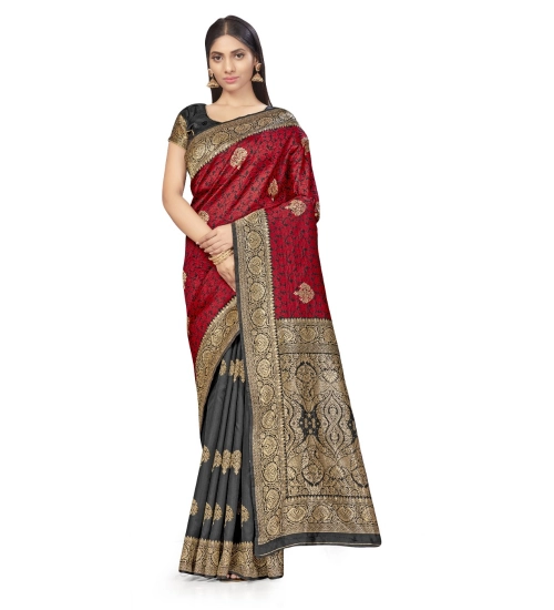 Women's Banarasi Silk Saree With Blouse (Black, Red, 5-6Mtrs)