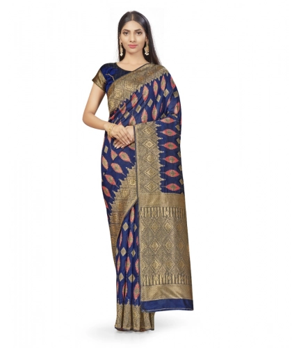 Women's Banarasi Silk Saree With Blouse (Navy Blue, 5-6Mtrs)