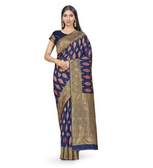 Women's Banarasi Silk Saree With Blouse (Navy Blue, 5-6Mtrs)