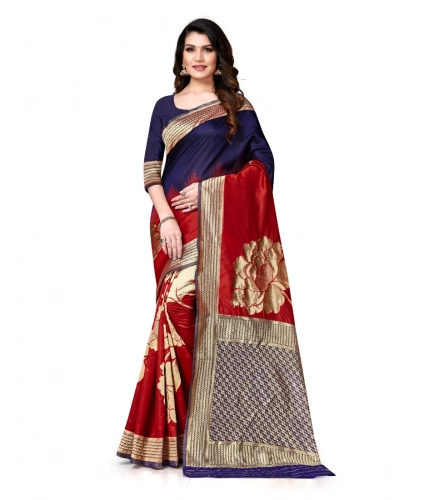 Women's Banarasi Silk Saree With Blouse (Navy Blue, Red, 5-6Mtrs)