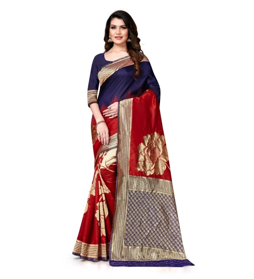 Women's Banarasi Silk Saree With Blouse (Navy Blue, Red, 5-6Mtrs)
