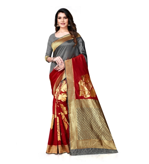 Women's Banarasi Silk Saree With Blouse (Grey, Red, 5-6Mtrs)