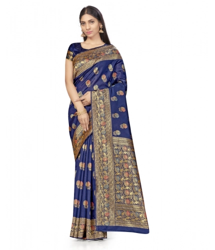 Women's Banarasi Silk Saree With Blouse (Navy Blue, 5-6Mtrs)