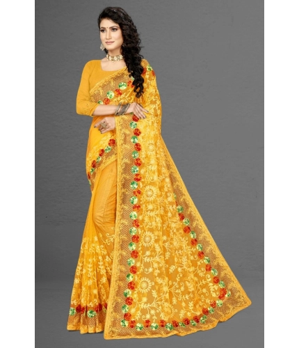 Women's Net Saree With Blouse (Yellow, 5-6Mtrs) Women's Net Saree With Blouse (Yellow, 5-6Mtrs)