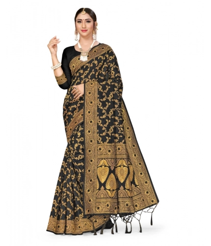 Women's Banarasi Silk Saree With Blouse (Black, 5-6Mtrs)