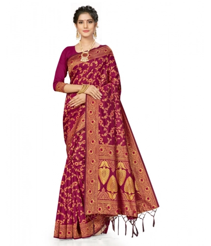 Women's Banarasi Silk Saree With Blouse (Wine, 5-6Mtrs)