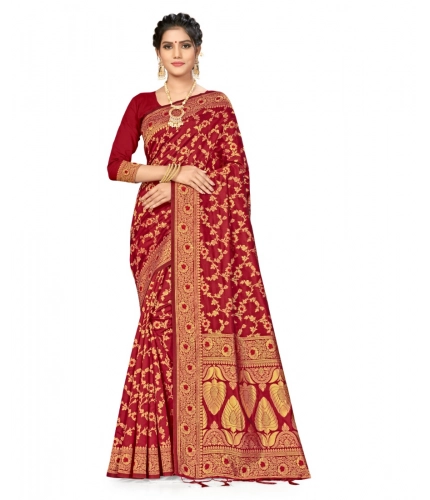 Women's Banarasi Silk Saree With Blouse (Maroon, 5-6Mtrs)