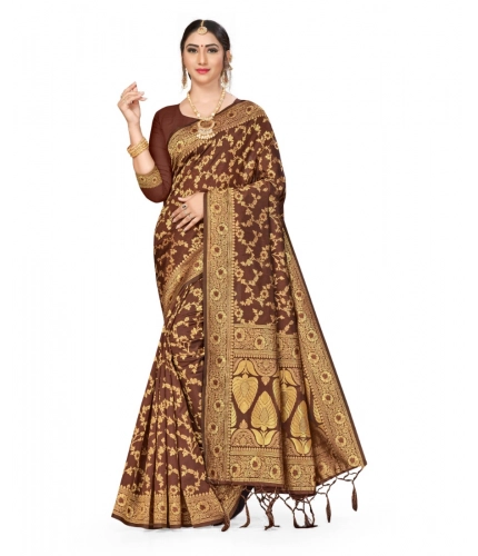 Women's Banarasi Silk Saree With Blouse (Coffee, 5-6Mtrs)