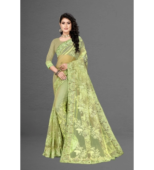 Women's Net Saree With Blouse (Pista Green, 5-6Mtrs)