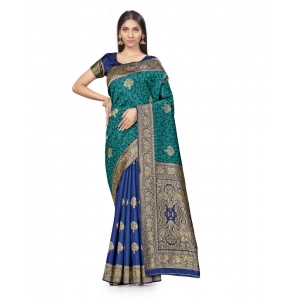 Generic Women's Banarasi Silk Saree With Blouse (Navy Blue, Rama, 5-6Mtrs)
