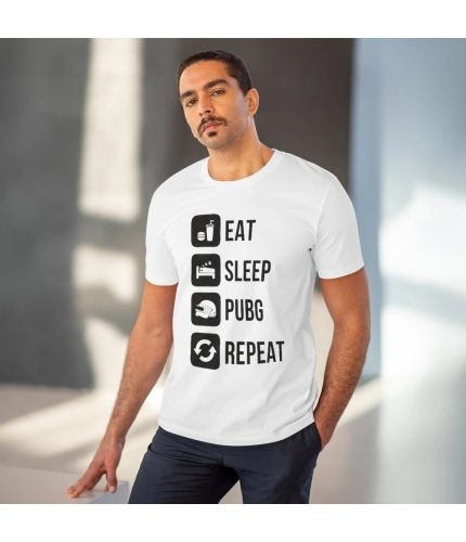 Men's PC Cotton Eat Sleep Pubg Repeat Printed T Shirt (Color: White, Thread Count: 180GSM) Men's PC Cotton Eat Sleep Pubg Repeat Printed T Shirt (Color: White, Thread Count: 180GSM)