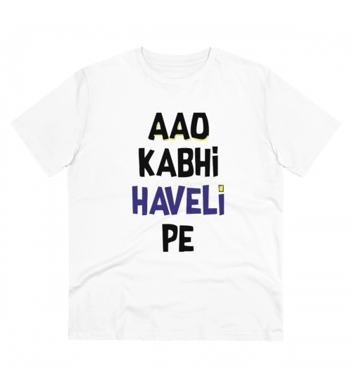 Men's PC Cotton Aao Kabhi Haveli Pe Printed T Shirt (Color: White, Thread Count: 180GSM)