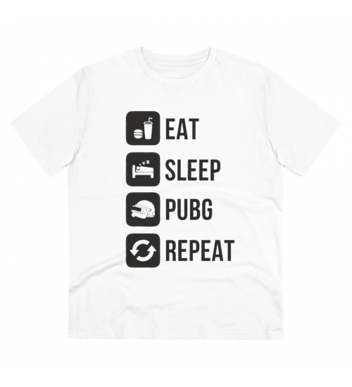 Men's PC Cotton Eat Sleep Pubg Repeat Printed T Shirt (Color: White, Thread Count: 180GSM)