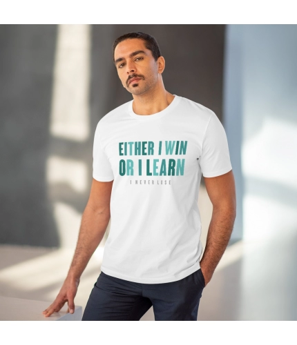 Men's PC Cotton Either I Win Or I Learn Printed T Shirt (Color: White, Thread Count: 180GSM) Men's PC Cotton Either I Win Or I Learn Printed T Shirt (Color: White, Thread Count: 180GSM)