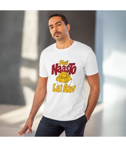 Men's PC Cotton Bhai Nasto Lai Aav Printed T Shirt (Color: White, Thread Count: 180GSM)