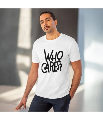 Men's PC Cotton Who Cares Printed T Shirt (Color: White, Thread Count: 180GSM)