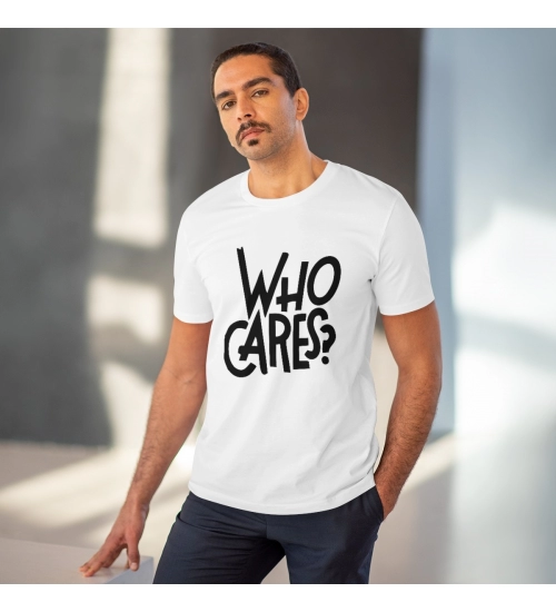 Men's PC Cotton Who Cares Printed T Shirt (Color: White, Thread Count: 180GSM)