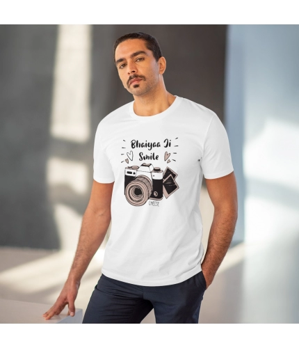 Men's PC Cotton Bhaiya Ji Smile Printed T Shirt (Color: White, Thread Count: 180GSM)