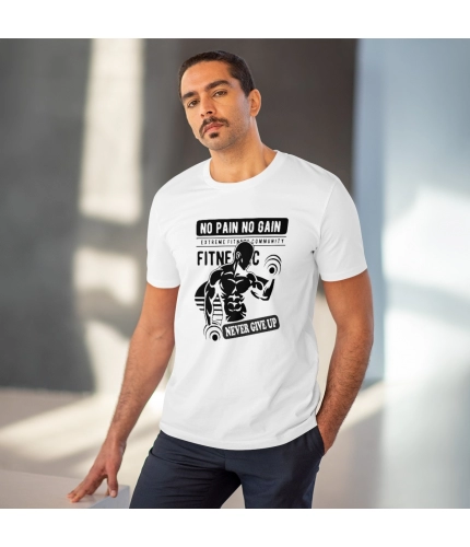 Men's PC Cotton Gym No Pain No Gain Never Give Up Printed T Shirt (Color: White, Thread Count: 180GSM) Men's PC Cotton Gym No Pain No Gain Never Give Up Printed T Shirt (Color: White, Thread Count: 180GSM)