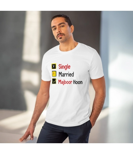 Men's PC Cotton Single Married Majbur Printed T Shirt (Color: White, Thread Count: 180GSM)