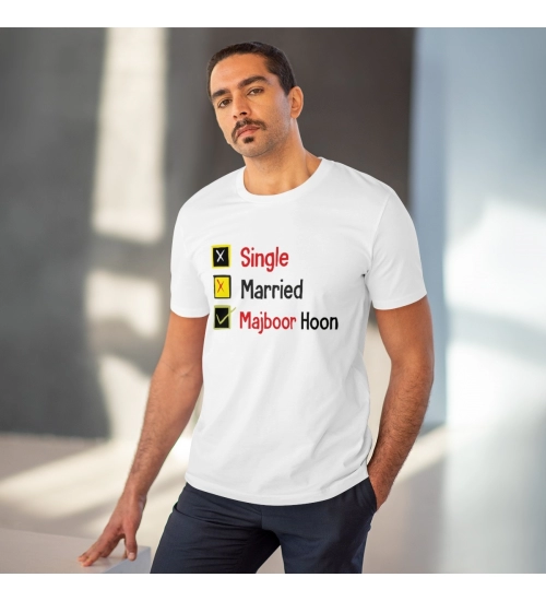 Men's PC Cotton Single Married Majbur Printed T Shirt (Color: White, Thread Count: 180GSM)