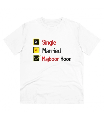 Men's PC Cotton Single Married Majbur Printed T Shirt (Color: White, Thread Count: 180GSM)
