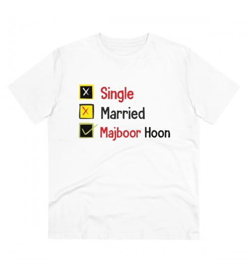 Men's PC Cotton Single Married Majbur Printed T Shirt (Color: White, Thread Count: 180GSM)
