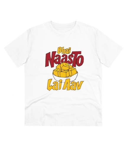 Men's PC Cotton Bhai Nasto Lai Aav Printed T Shirt (Color: White, Thread Count: 180GSM)