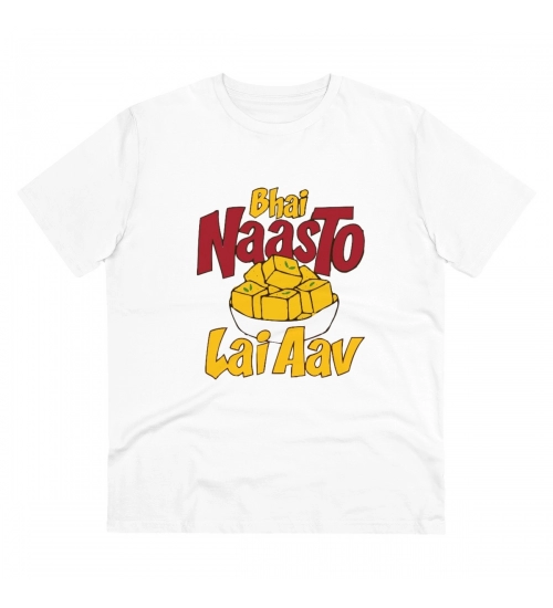 Men's PC Cotton Bhai Nasto Lai Aav Printed T Shirt (Color: White, Thread Count: 180GSM)