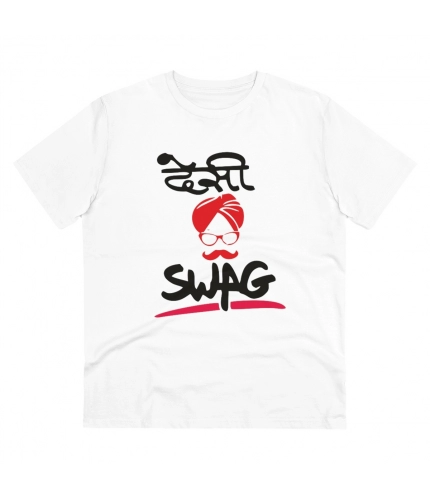 Men's PC Cotton Desi Swag Printed T Shirt (Color: White, Thread Count: 180GSM)