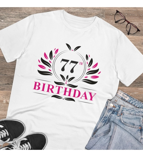 Men's PC Cotton 77th Birthday Printed T Shirt (Color: White, Thread Count: 180GSM)
