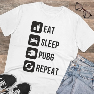Generic Men's PC Cotton Eat Sleep Pubg Repeat Printed T Shirt (Color: White, Thread Count: 180GSM)