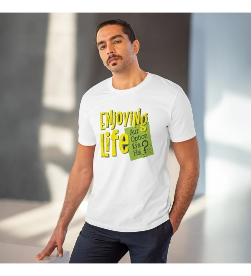 Men's PC Cotton Enjoying Life Printed T Shirt (Color: White, Thread Count: 180GSM)