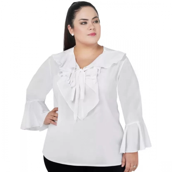 Dropship Women's Casual Bell Sleeve Solid White Top (Color:White, Material:Georgette)