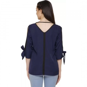 Generic Women's Casual Slit Sleeve Solid Blue Top (Color:Blue, Material:Poly Crepe)